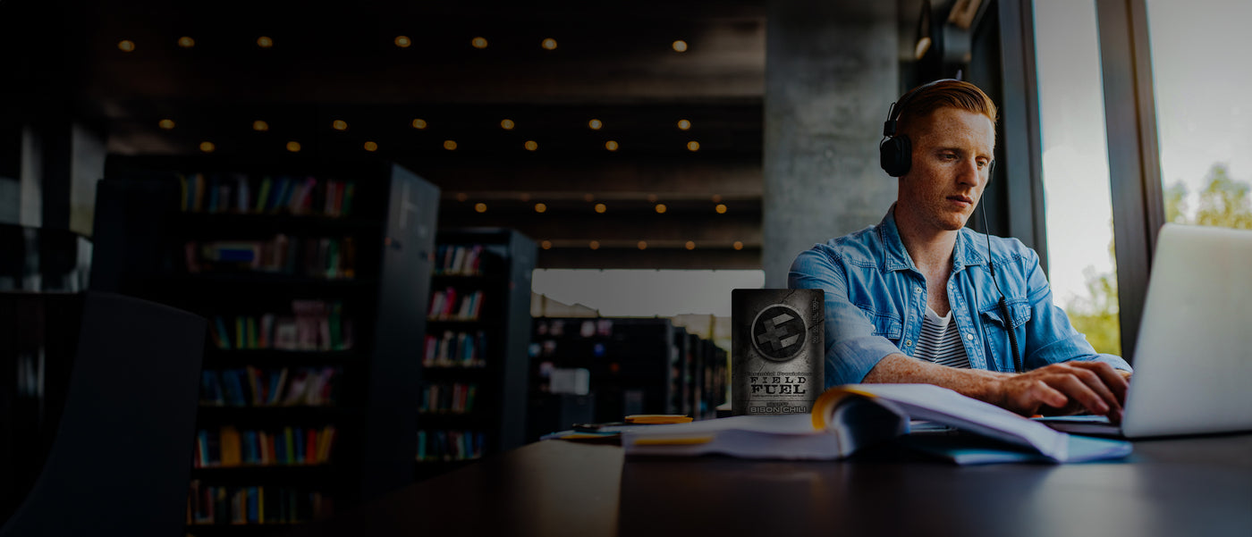Student in library with Essential Provisions Packed MRE