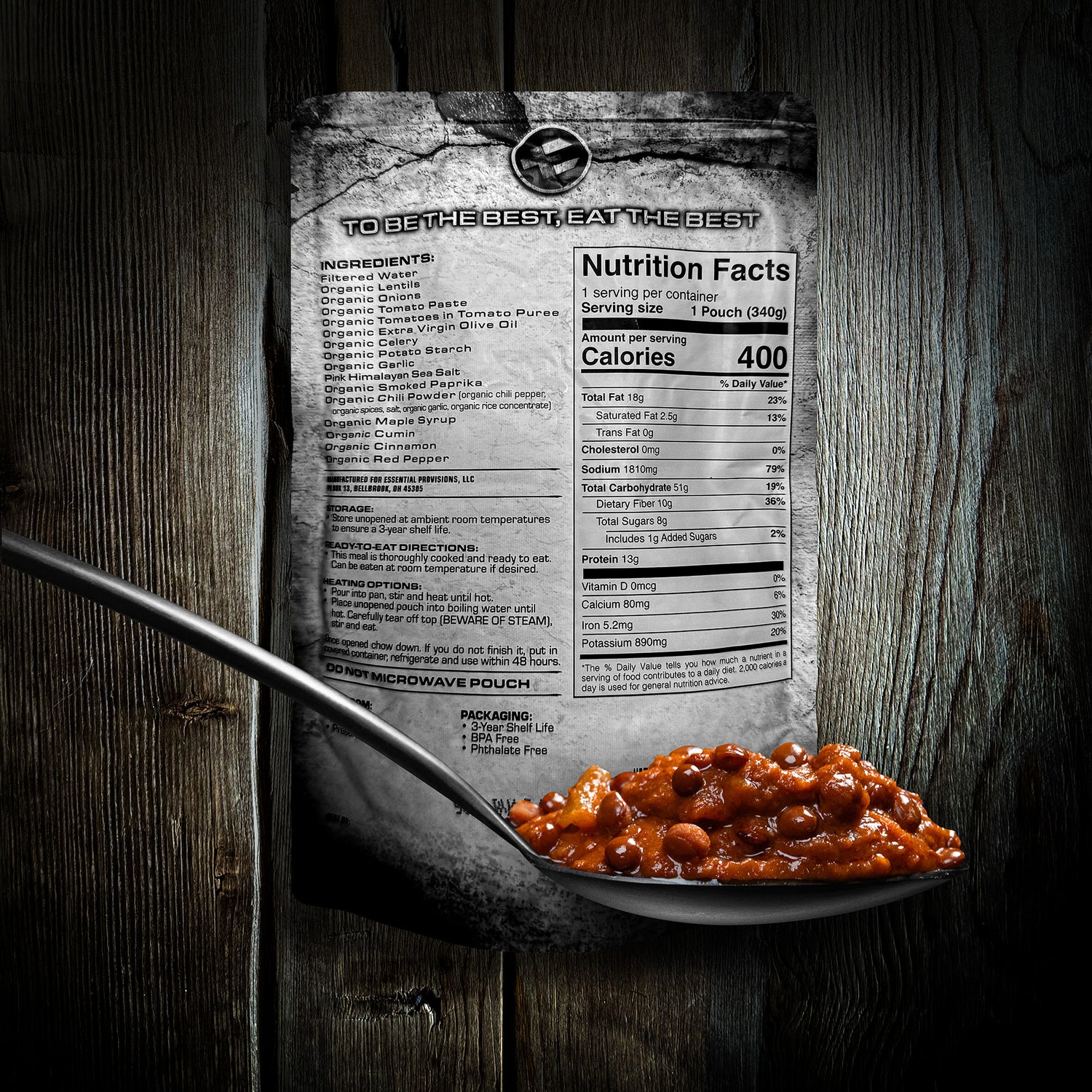 Magnified area of 'Meal Ready-to-Eat - Lentil Chili' image'